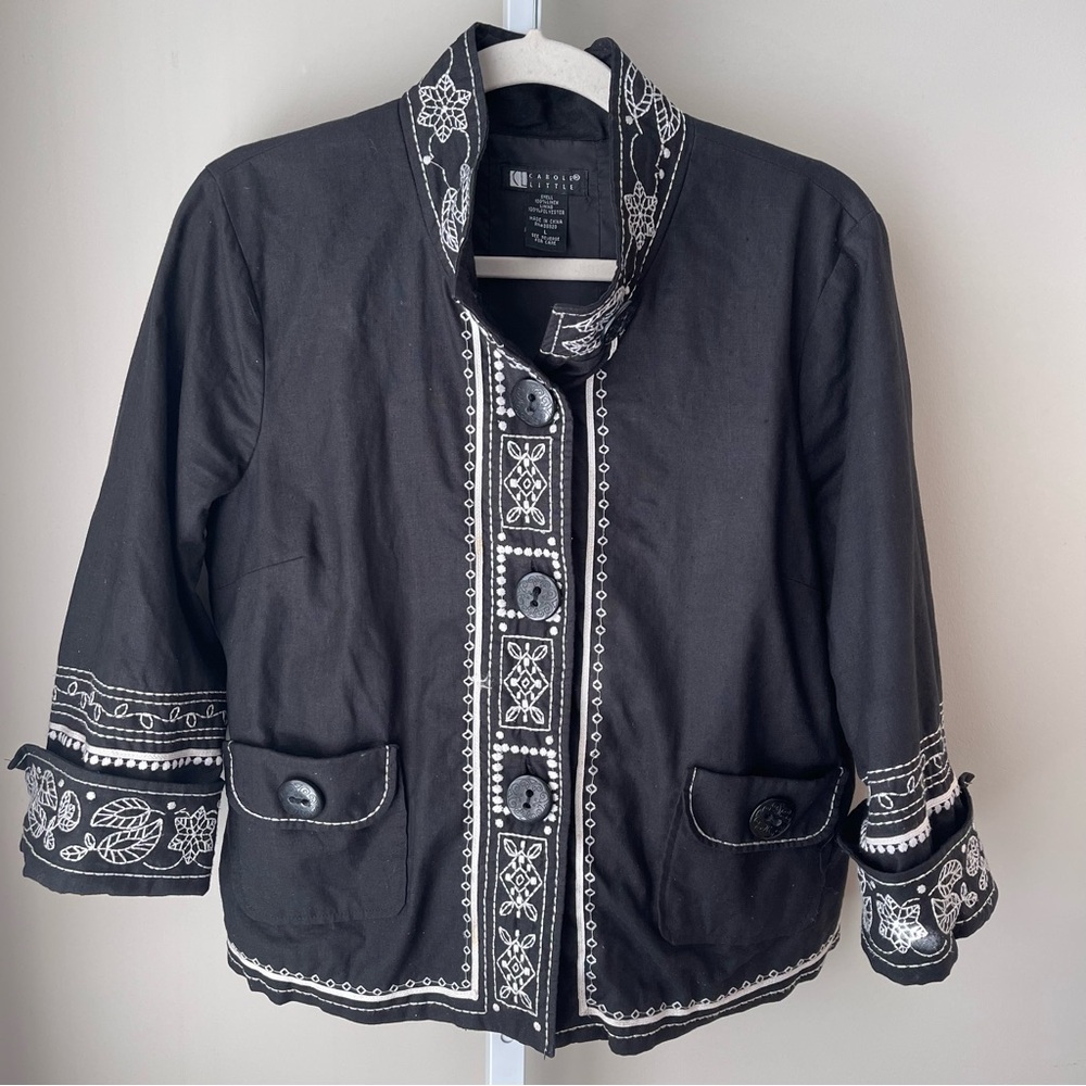 Y2K Carole Little Black Embroidered Linen Jacket Size L Boho Artsy Button